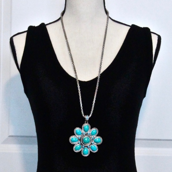 NEW MANGO Silver Tone and Turquoise Necklace - Picture 2 of 5